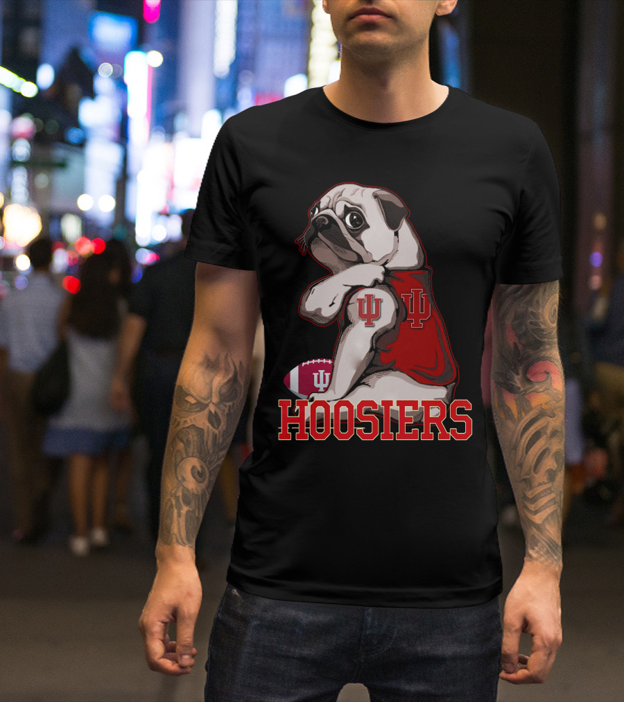 Pug Wearing Indiana Hoosiers Football Jersey With IU T-Shirt