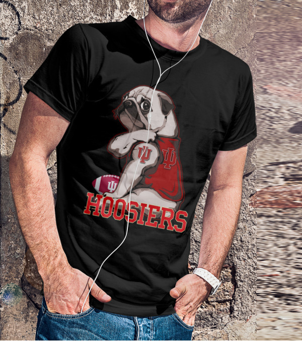 Pug Wearing Indiana Hoosiers Football Jersey With IU T-Shirt
