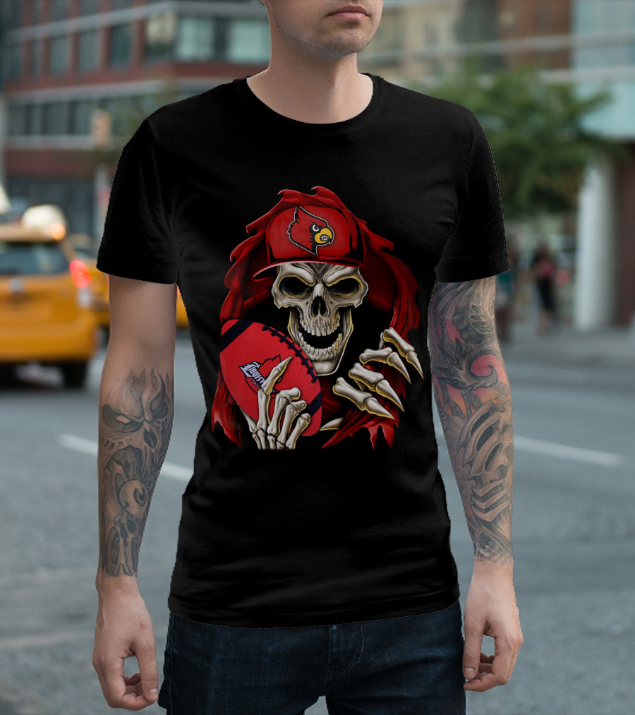 Skullbong Louisville Cardinals Skeleton with Football and Cap T-Shirt