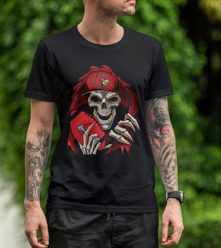 Skullbong Louisville Cardinals Skeleton With Football And Cap T-Shirt