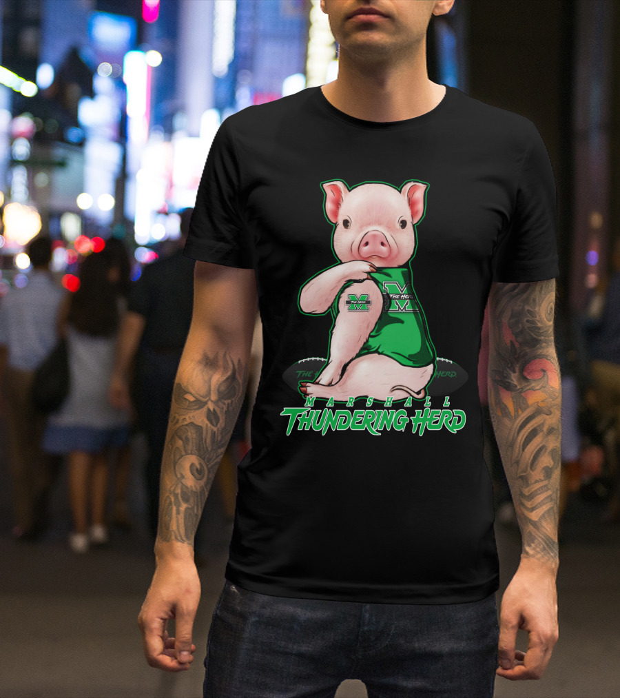 Marshall Thundering Herd Pig In Green Sports Jersey T-Shirt