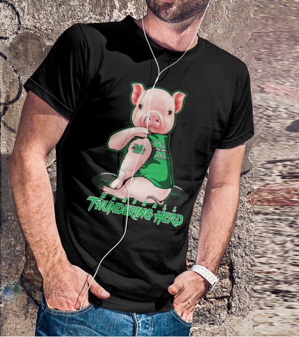 Marshall Thundering Herd Pig In Green Sports Jersey T-Shirt