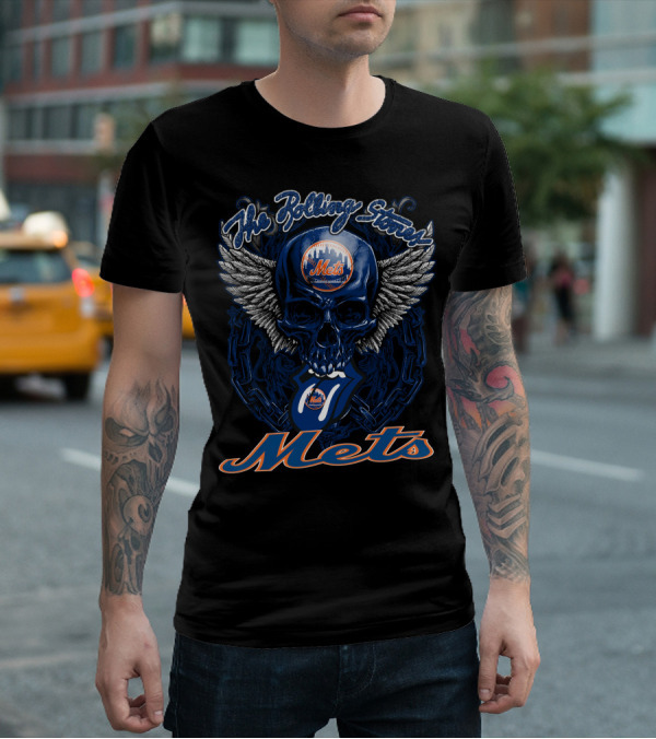 The Rolling Stones Mets Skull And Tongue Logo With Wings T-Shirt