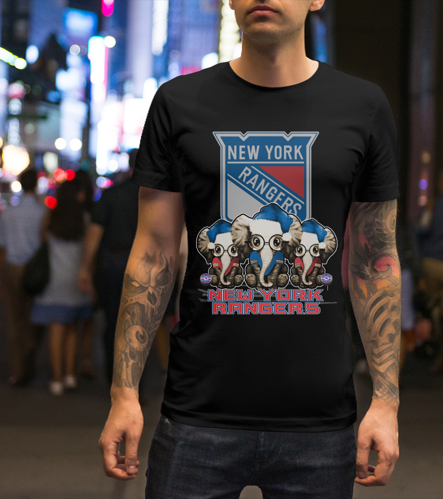 New York Rangers Christmas Elephants In Santa Hats T-Shirt