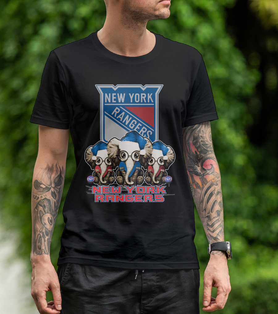 New York Rangers Christmas Elephants In Santa Hats T-Shirt
