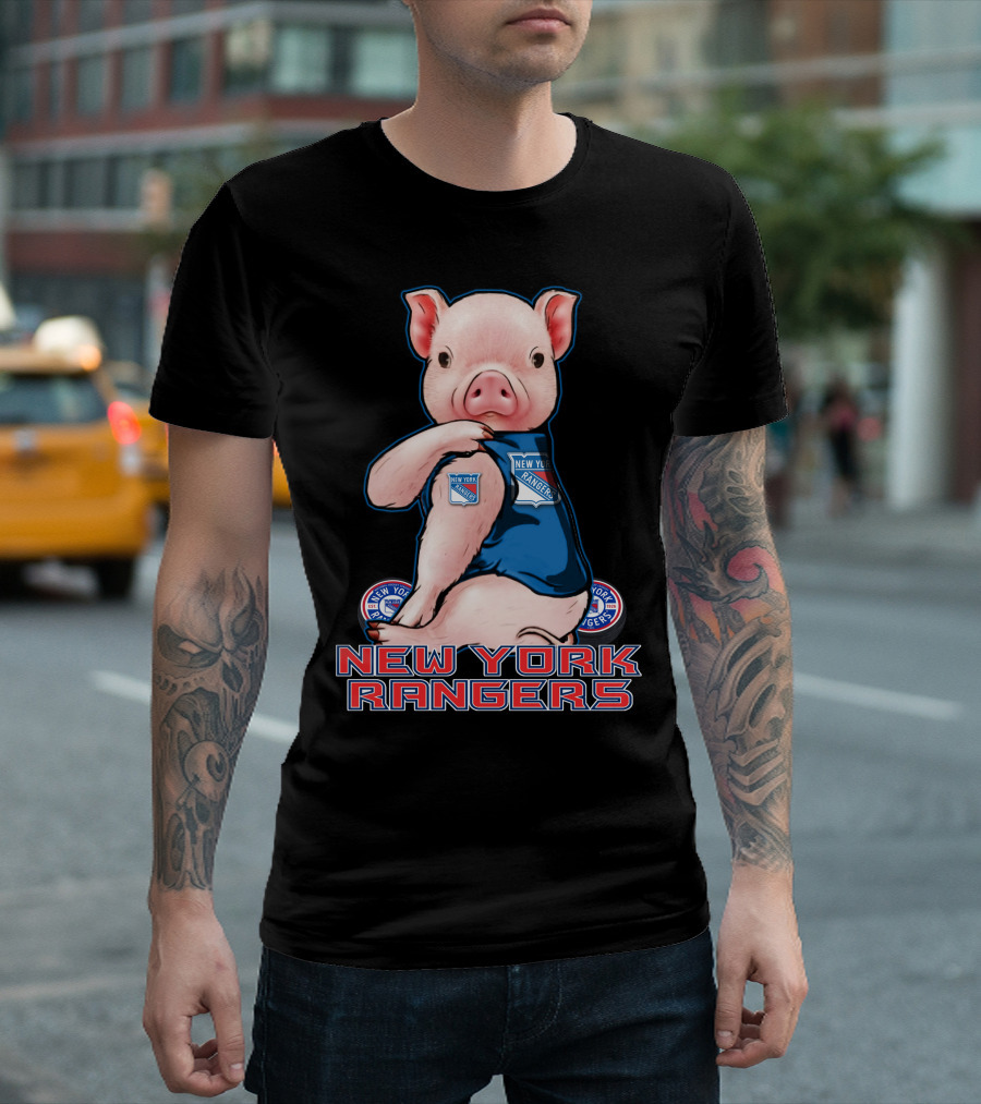 Pig Wearing New York Rangers Blue Logo T-Shirt