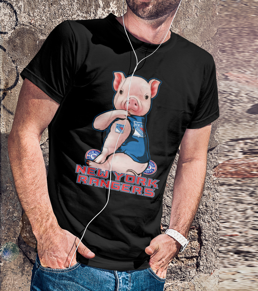 Pig Wearing New York Rangers Blue Logo T-Shirt