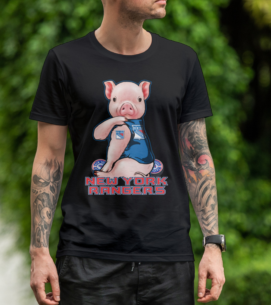 Pig Wearing New York Rangers Blue Logo T-Shirt