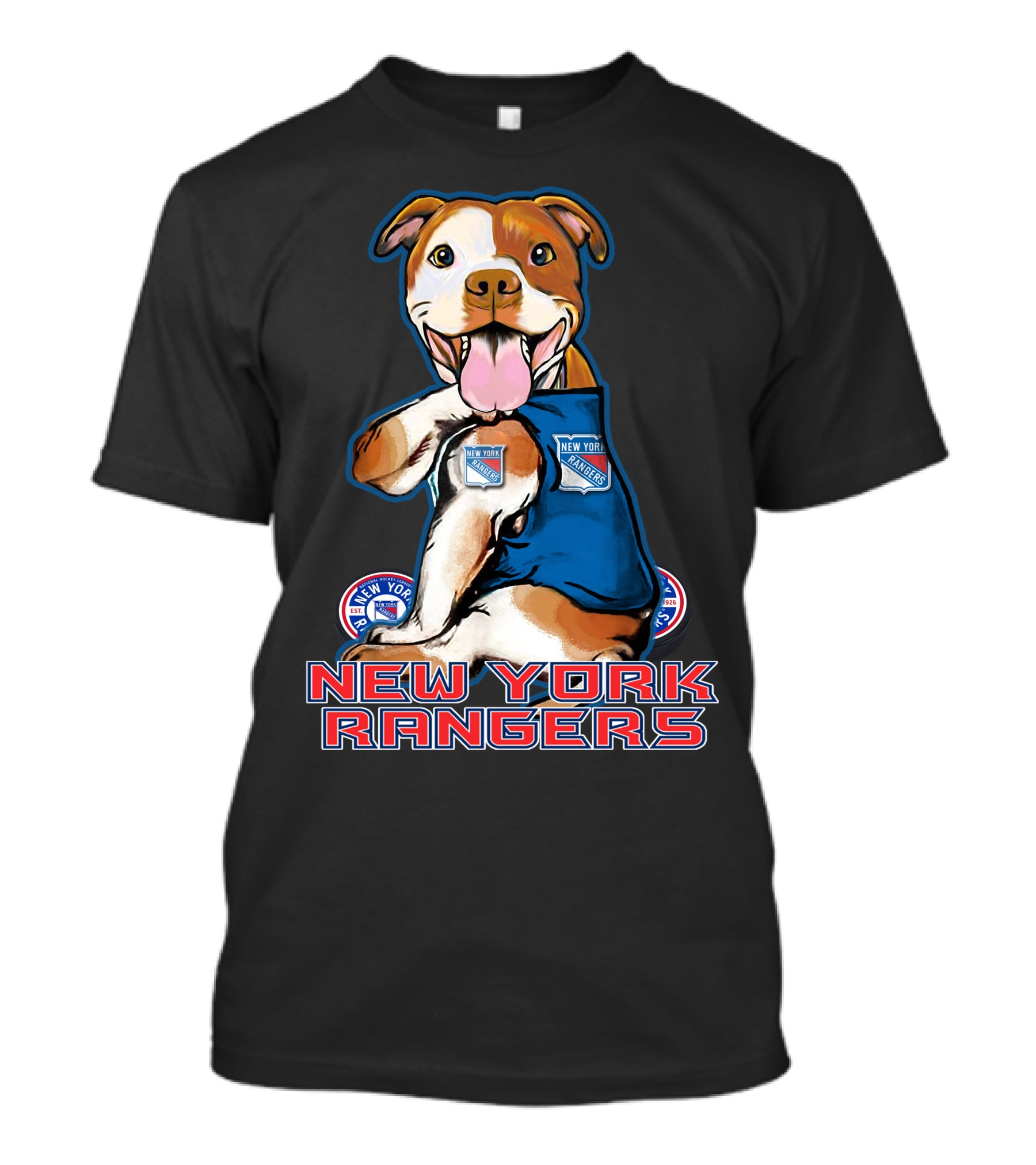 New York Rangers Pitbull With Logo And Paw Up T-Shirt