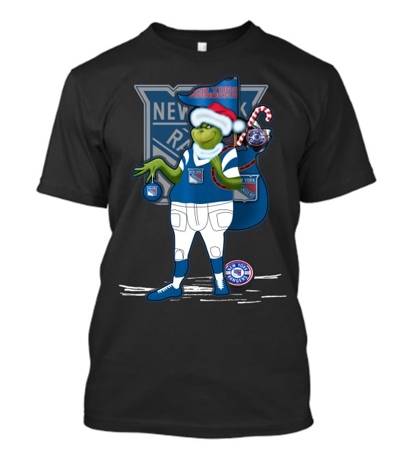 Grinch New York Rangers Christmas Santa Hat Candy Cane T-Shirt