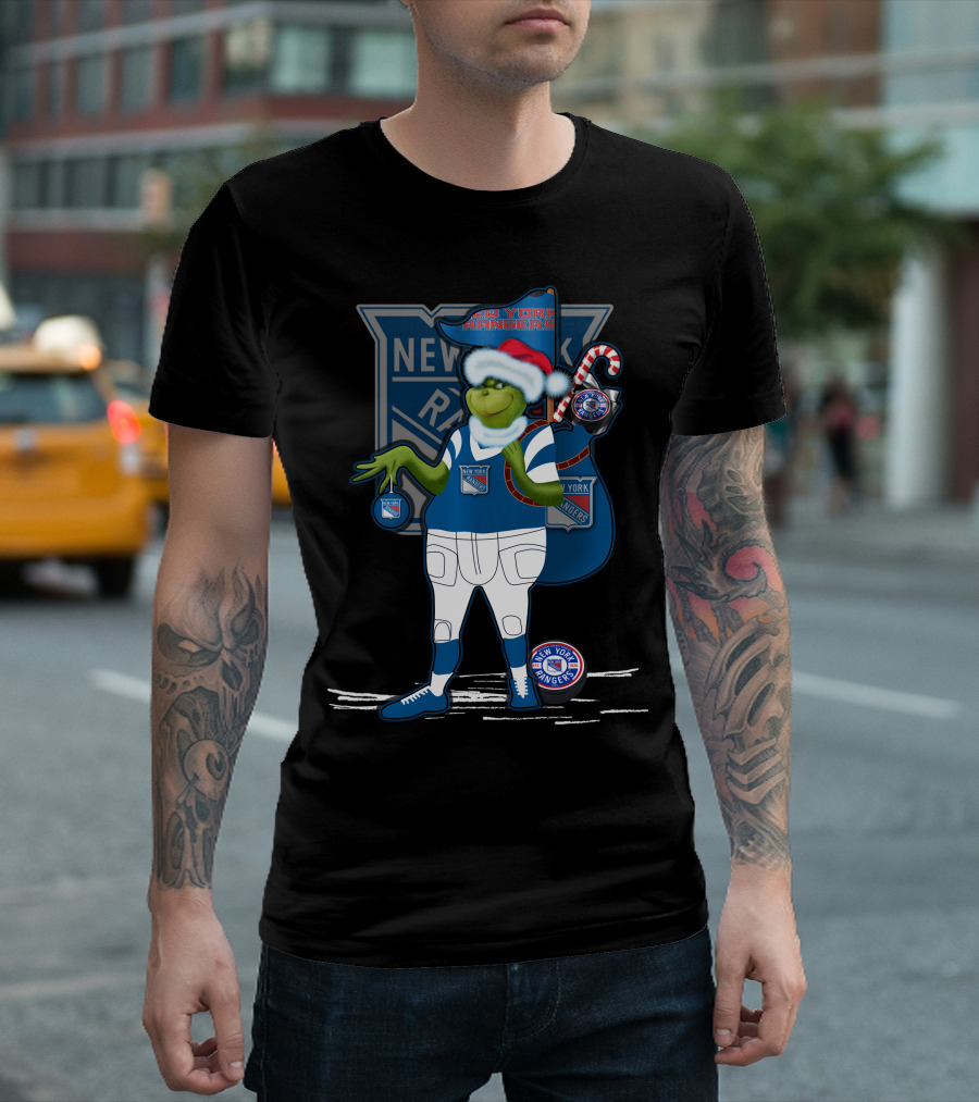 Grinch New York Rangers Christmas Santa Hat Candy Cane T-Shirt