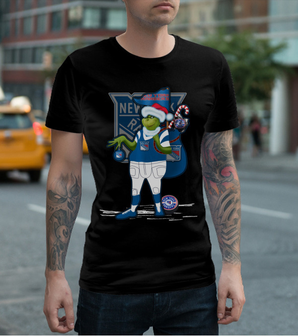Grinch New York Rangers Christmas Santa Hat Candy Cane T-Shirt