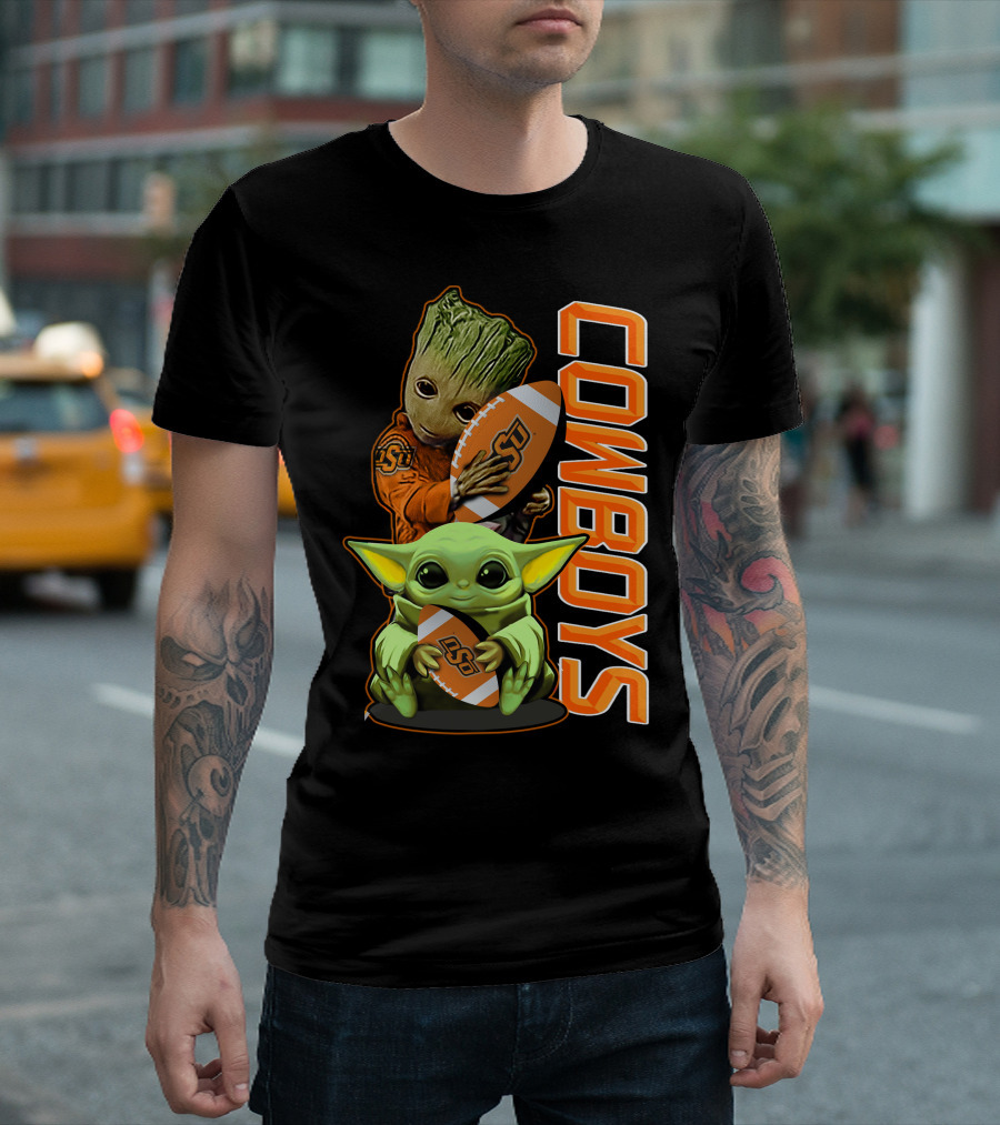 Grzd Oklahoma State Cowboys Groot Baby Yoda Football T-Shirt