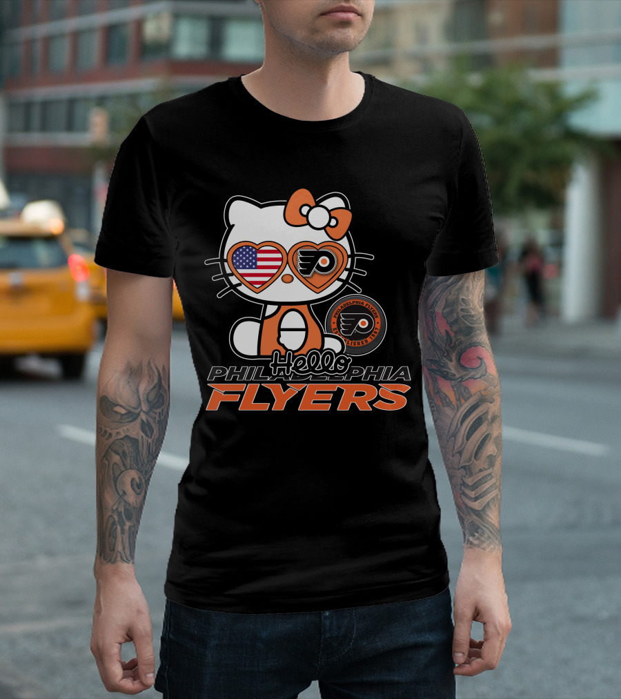 Hello Kitty Philadelphia Flyers American Flag Heart Glasses T-Shirt