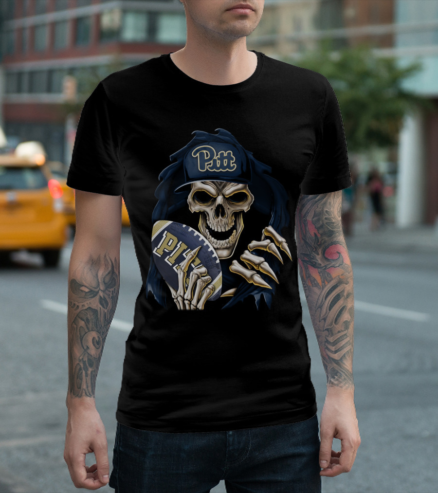 Pitt Panthers Skull Holding Football T-Shirt