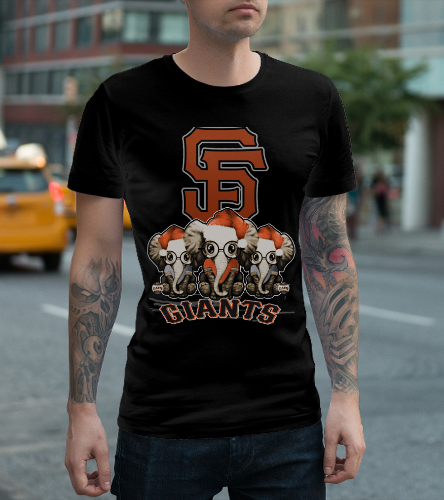 San Francisco Giants Christmas Elephants With Santa Hats T-Shirt
