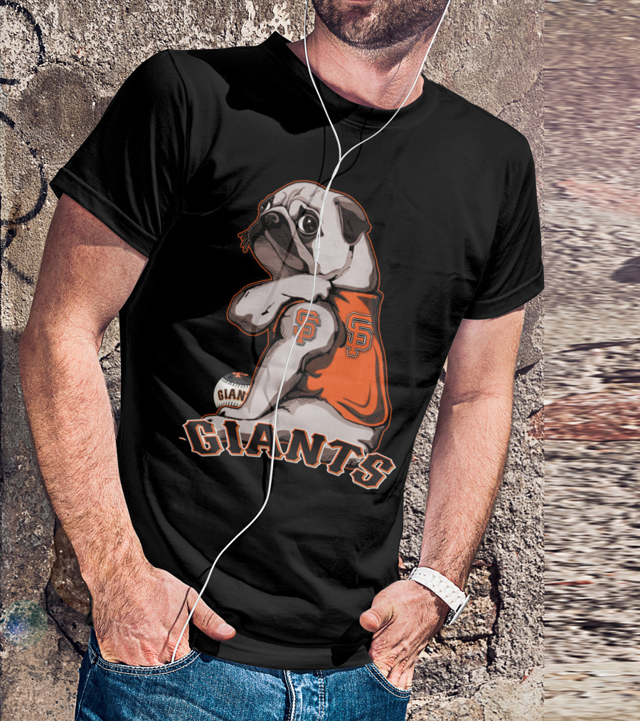 Pug In San Francisco Giants Orange Jersey With Logo And Baseball T-Shirt