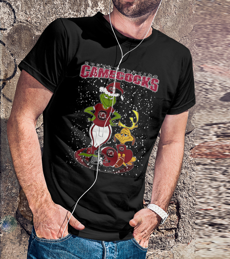 Grinchxmas South Carolina Gamecocks Holiday Football Santa Grinch And Max T-Shirt
