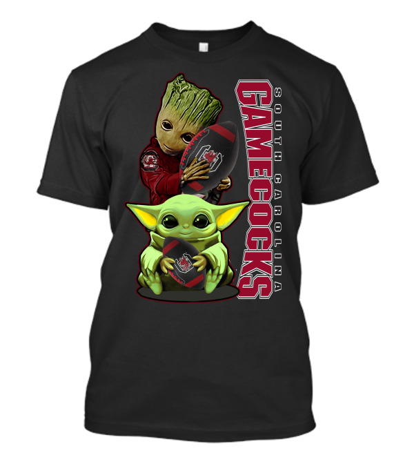 Groot And Baby Yoda Holding South Carolina Gamecocks Football T-Shirt