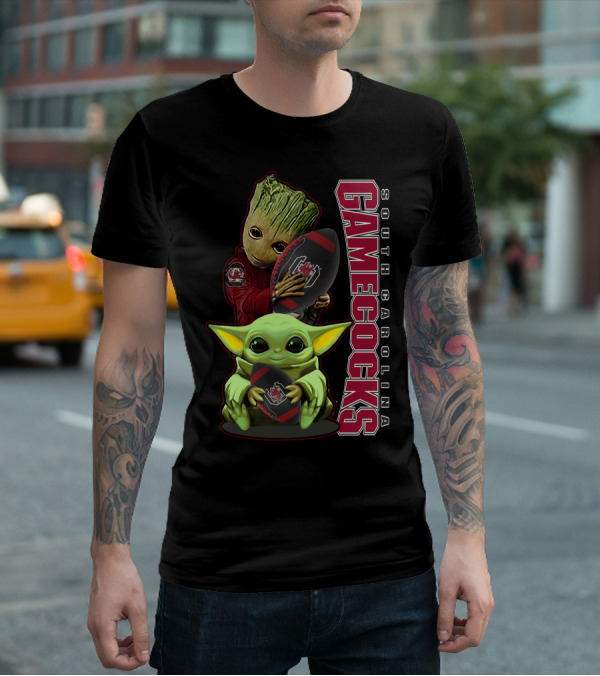 Groot And Baby Yoda Holding South Carolina Gamecocks Football T-Shirt