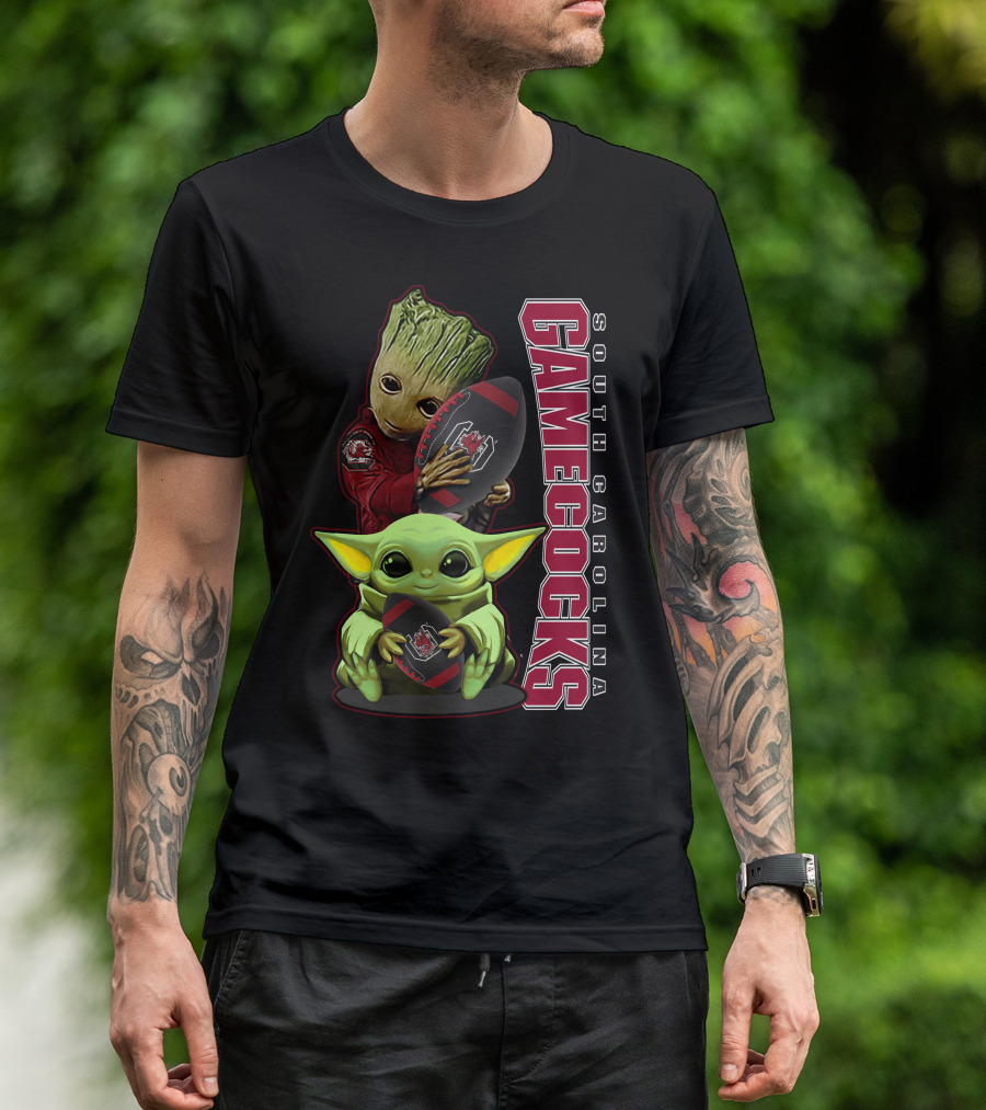 Groot And Baby Yoda Holding South Carolina Gamecocks Football T-Shirt