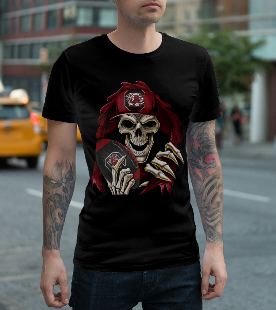 South Carolina Gamecocks Skull Holding Football T-Shirt
