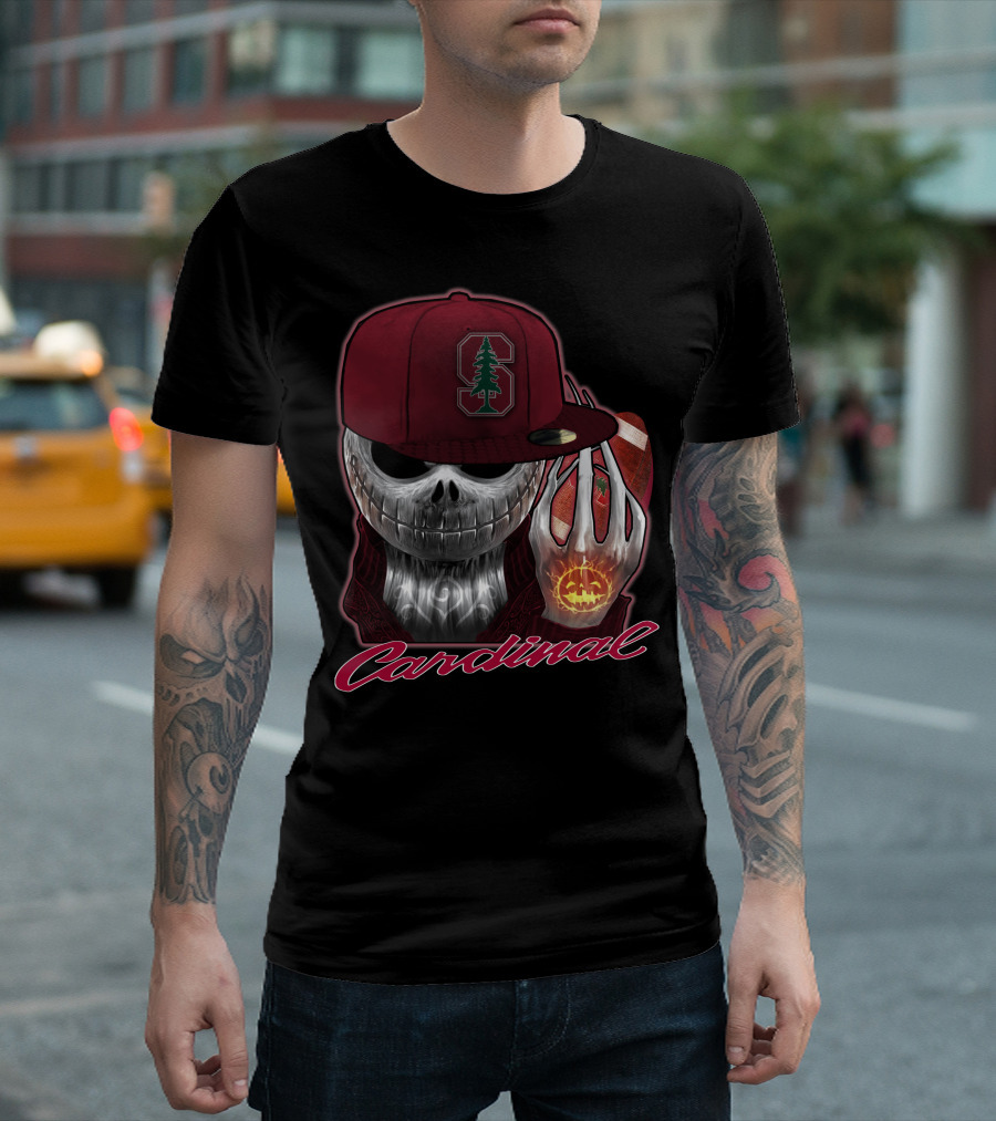 Jackskull Holding Football With Stanford Cardinal Hat And Glowing Pumpkin T-Shirt