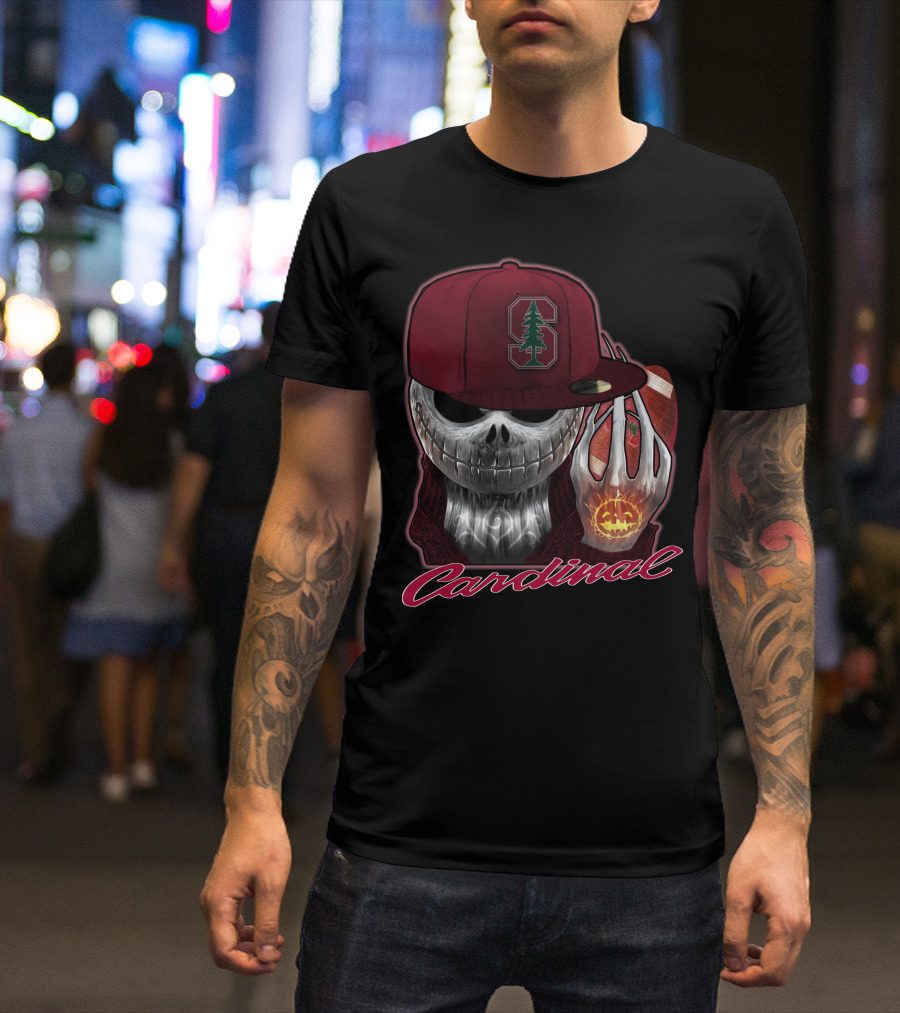 Jackskull Holding Football With Stanford Cardinal Hat And Glowing Pumpkin T-Shirt
