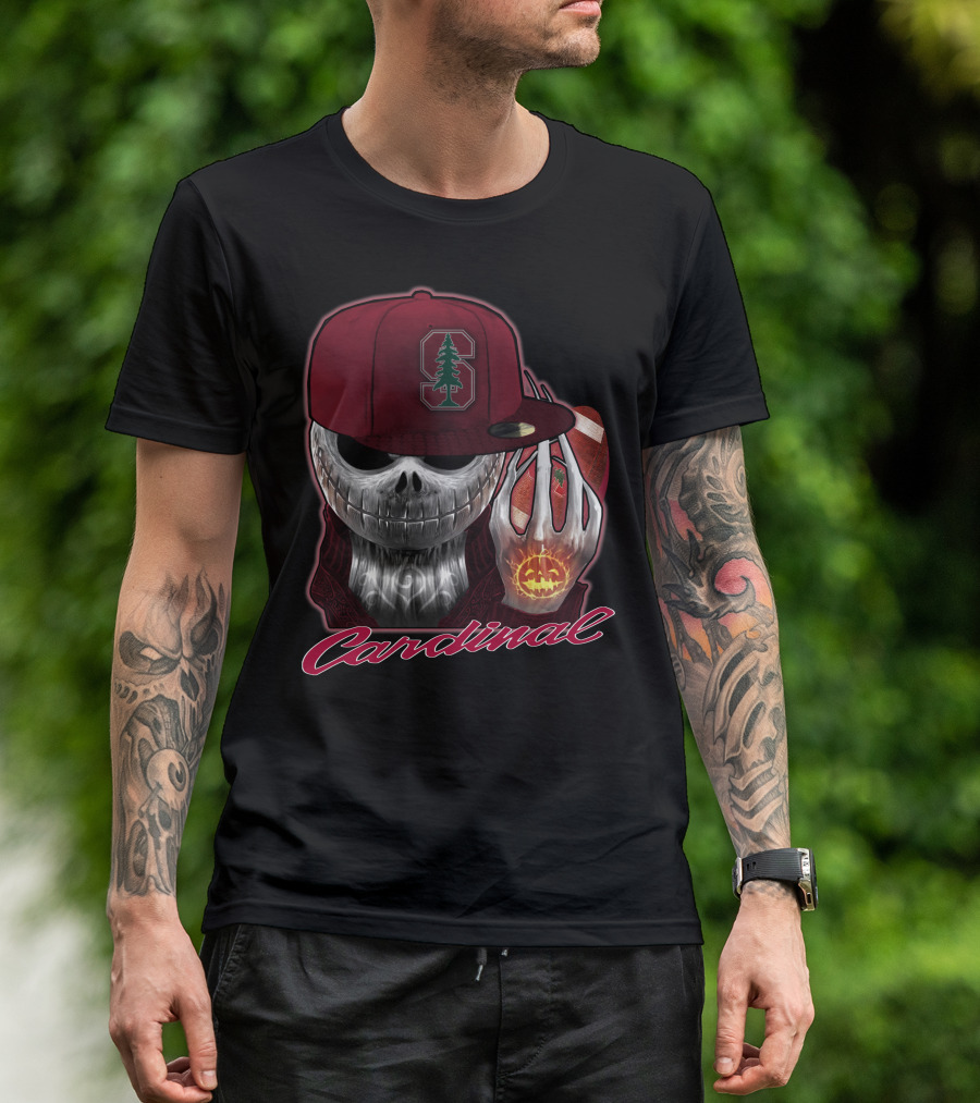Jackskull Holding Football With Stanford Cardinal Hat And Glowing Pumpkin T-Shirt
