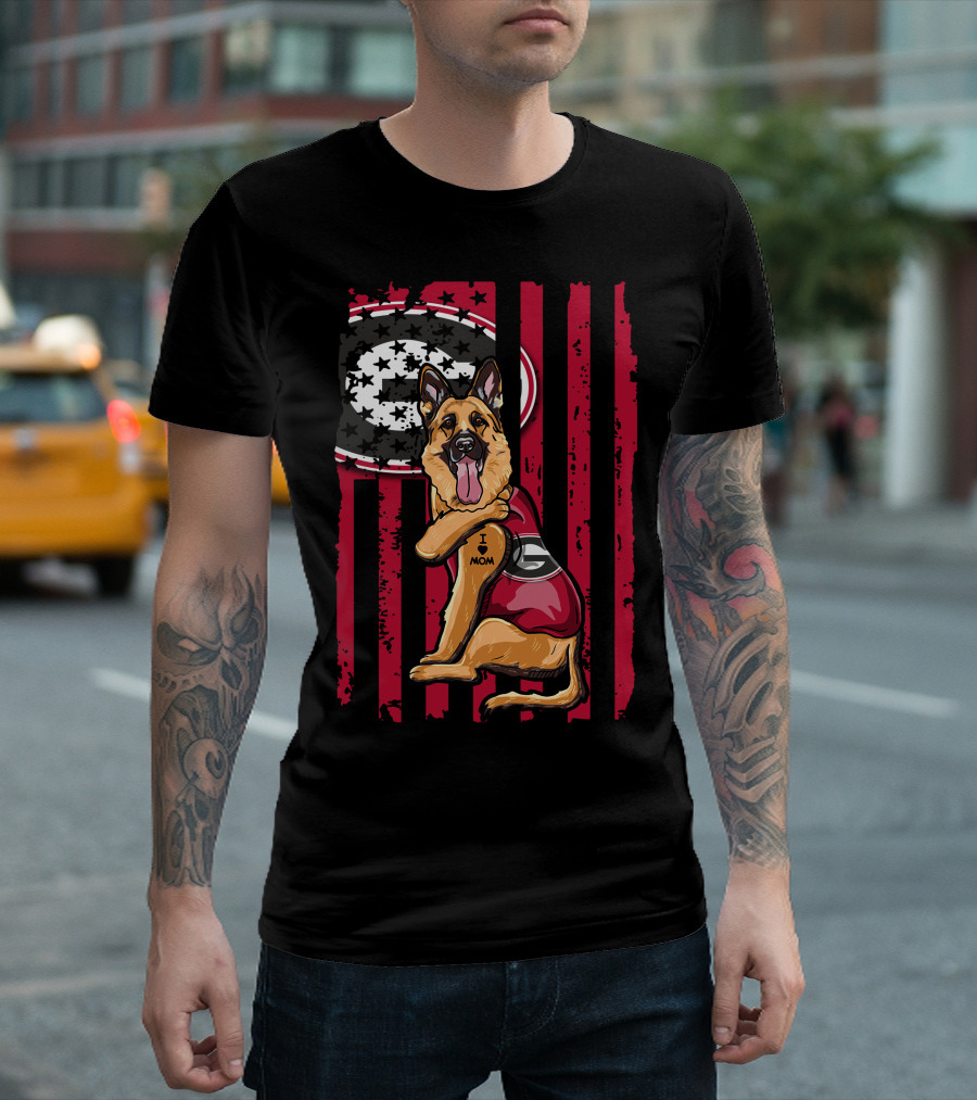German Shepherd Georgia Bulldogs I Love Mom with Flag Background T-Shirt