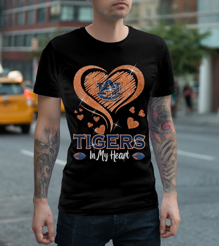 Tigers In My Heart Auburn University Logo With Glitter Hearts T-Shirt