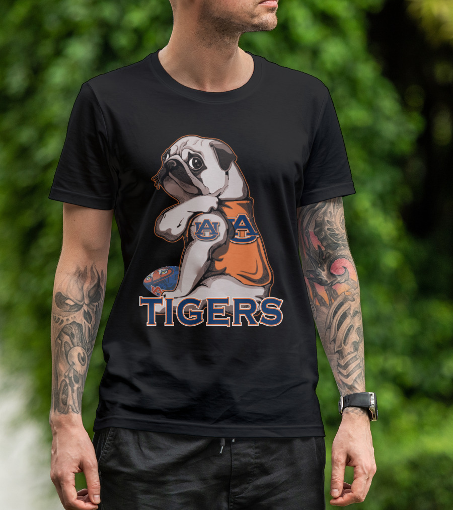Pug Wearing Auburn Tigers Jersey With Football T-Shirt