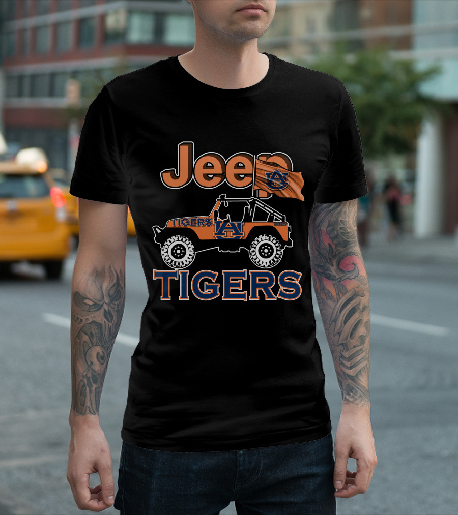 Jeep Auburn Tigers Logo with Orange Jeep and Flag T-Shirt