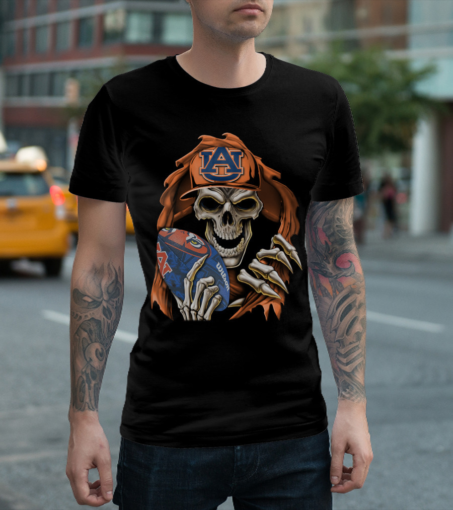 Skullbong Auburn Tigers Skeleton With Football And Hat T-Shirt