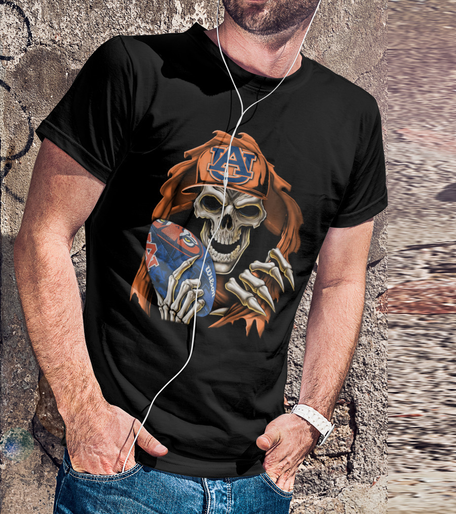 Skullbong Auburn Tigers Skeleton With Football And Hat T-Shirt