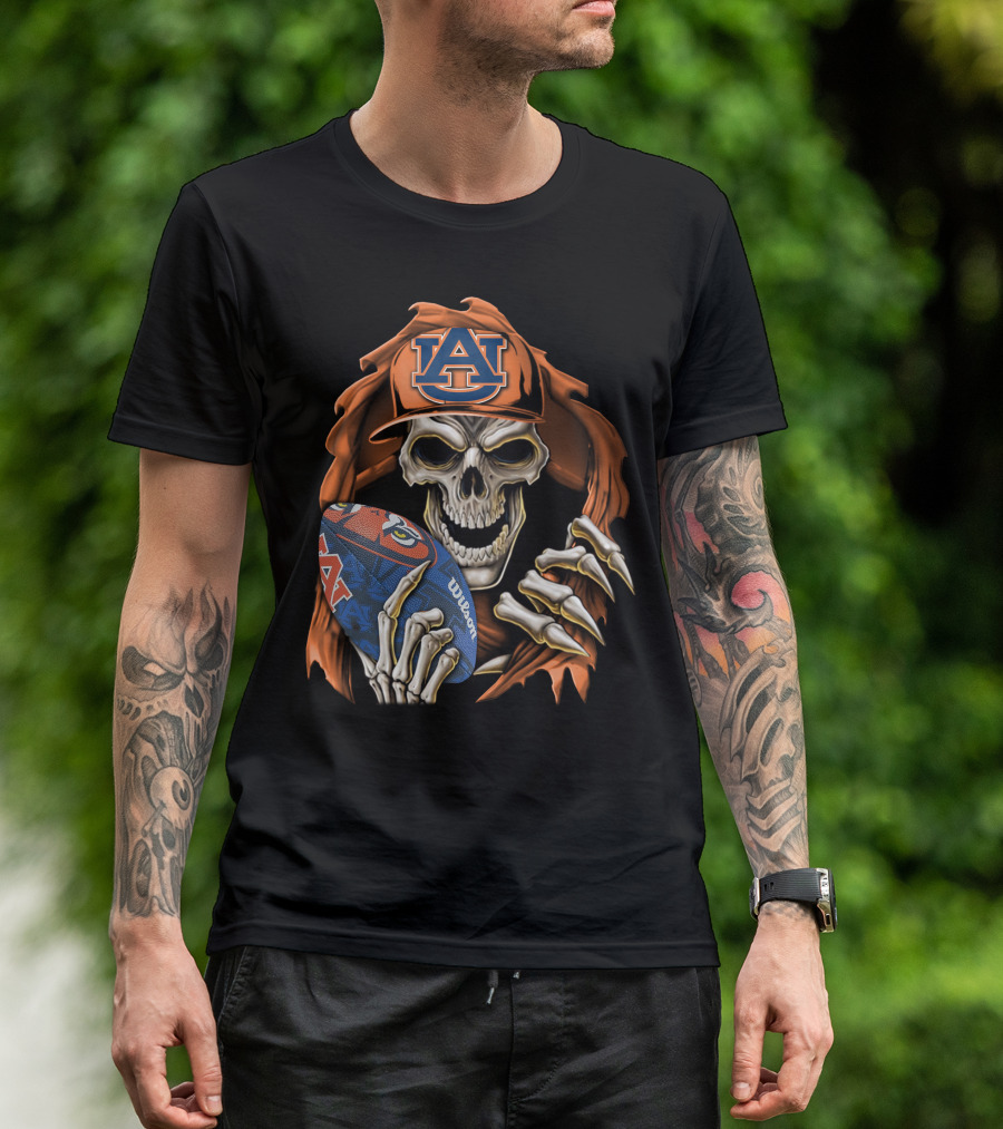 Skullbong Auburn Tigers Skeleton With Football And Hat T-Shirt