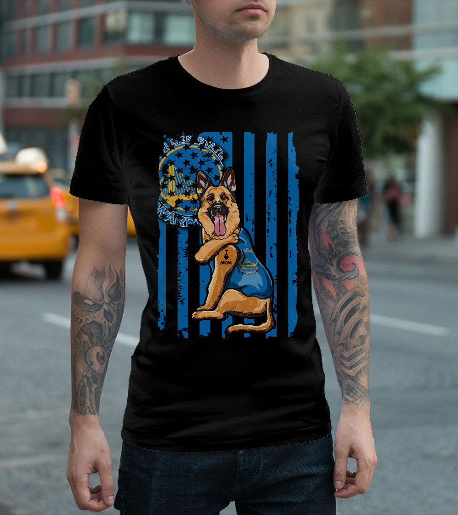 Golden State Warriors German Shepherd I Love Mom Blue Fan T-Shirt