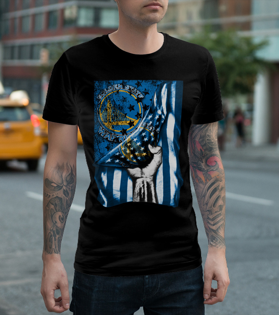 Golden State Warriors Flag Hand Holding Blue and Gold Stars Stripes T-Shirt