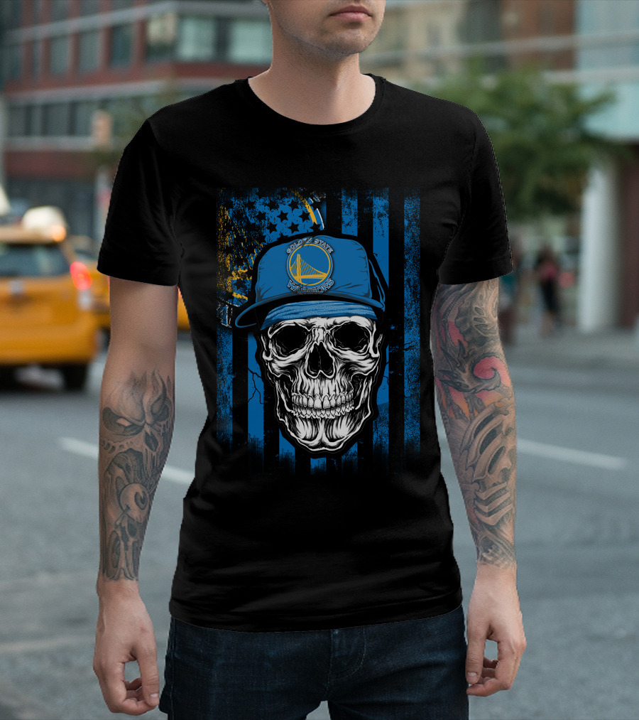 Golden State Warriors Skull with Hat on Striped Blue Background T-Shirt