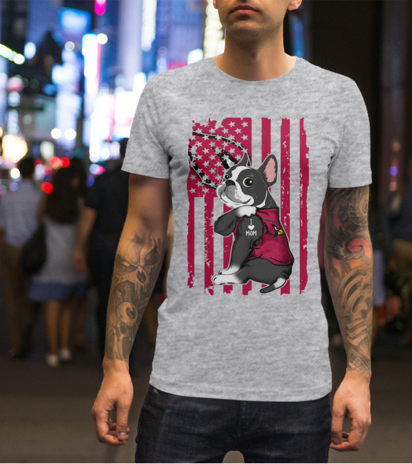 Boston Terrier I Love Mom Arizona Cardinals American Flag T-Shirt