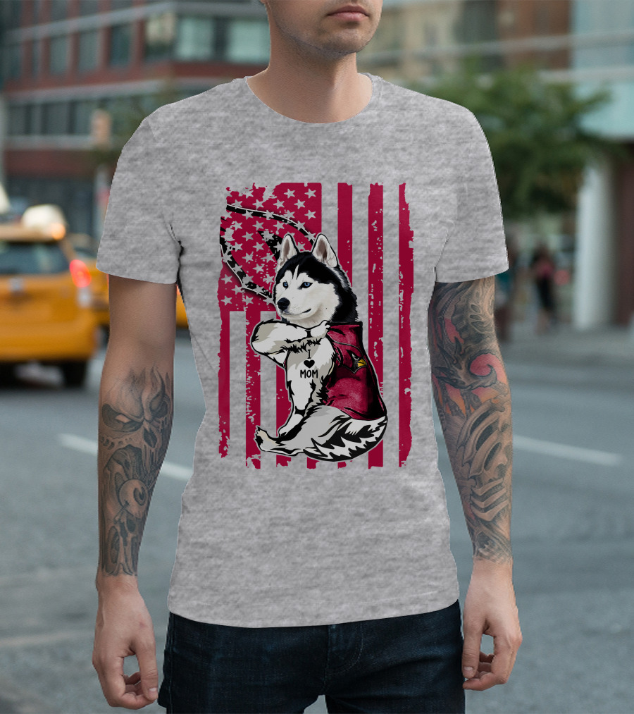 Siberian Husky I Love Mom Arizona Cardinals American Flag T-Shirt