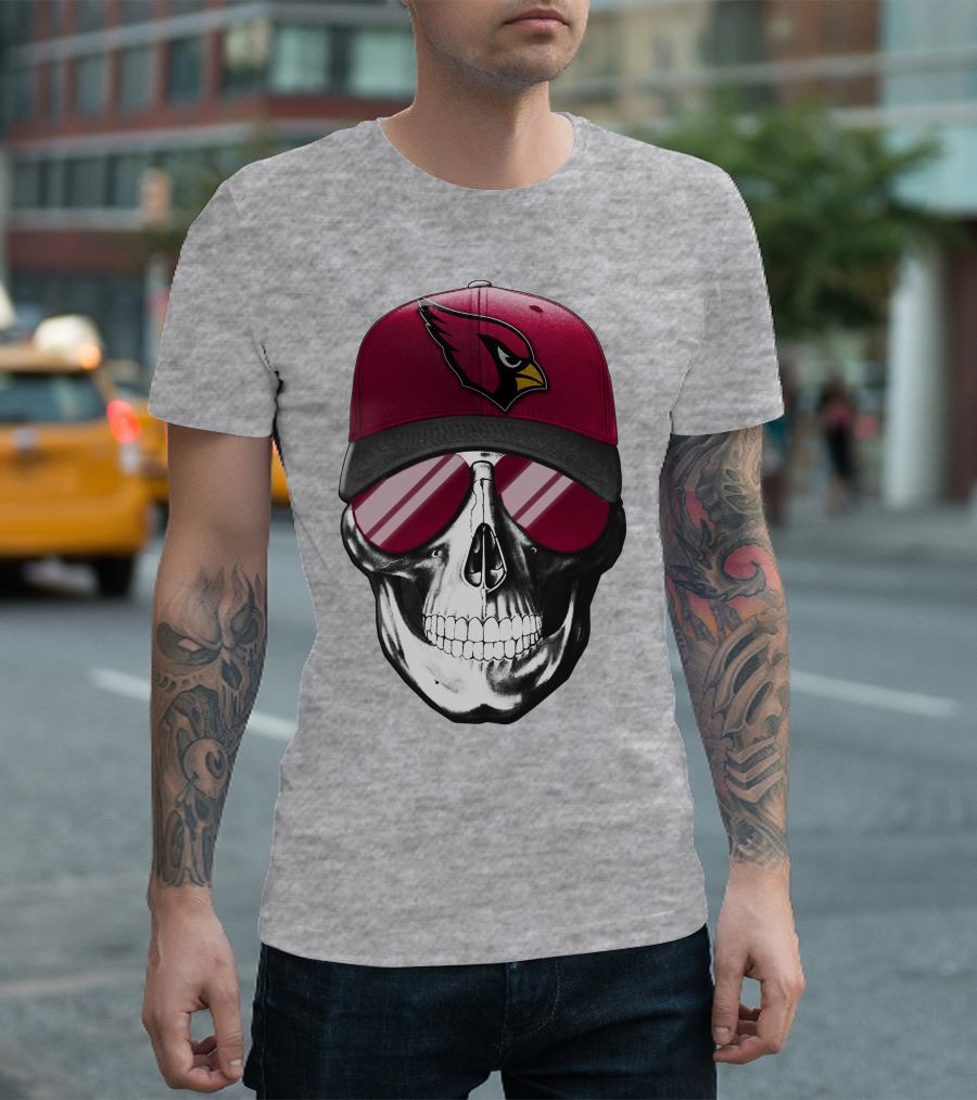Skull V7 Arizona Cardinals Logo Hat And Sunglasses T-Shirt