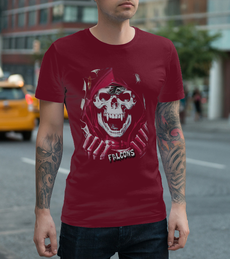 Atlanta Falcons Skull In Red Hood With Logo Elements T-Shirt