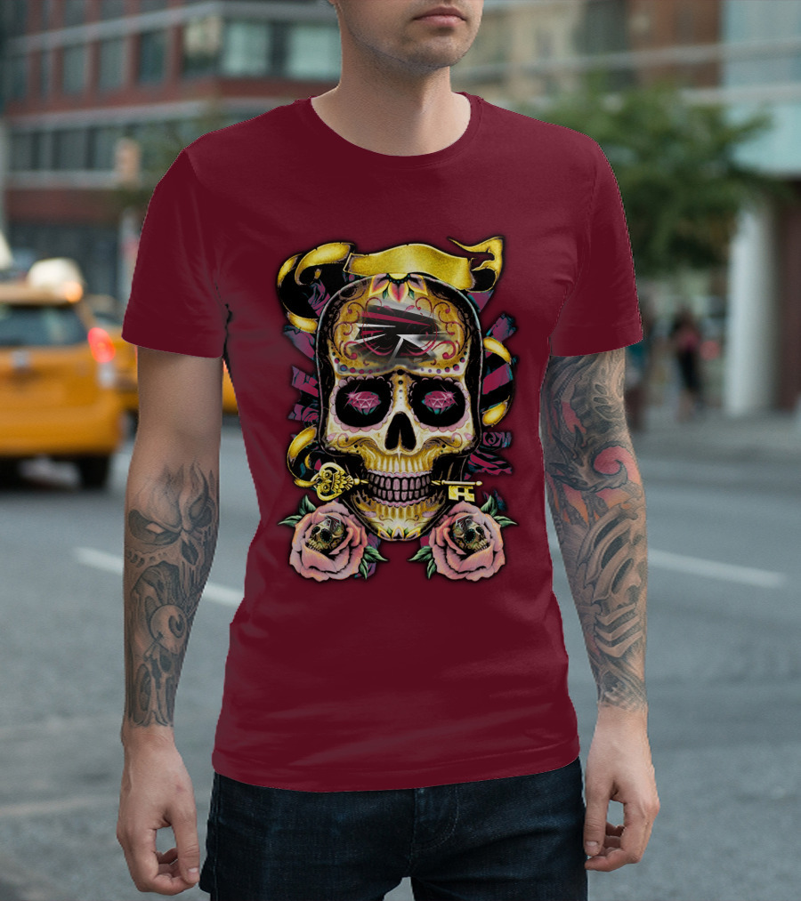 Atlanta Falcons Skull With Roses And Key T-Shirt
