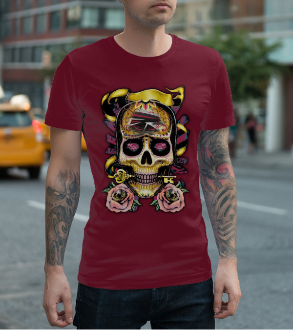 Atlanta Falcons Skull With Roses And Key T-Shirt