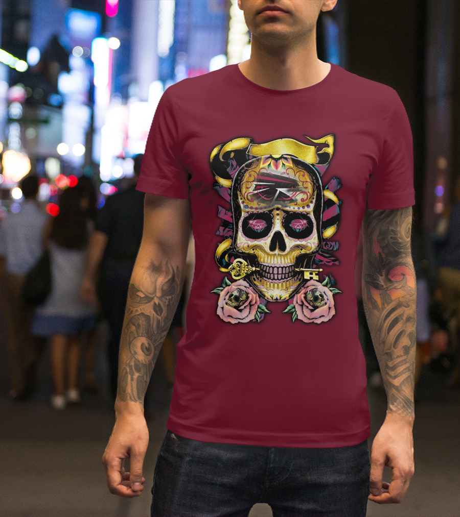 Atlanta Falcons Skull With Roses And Key T-Shirt