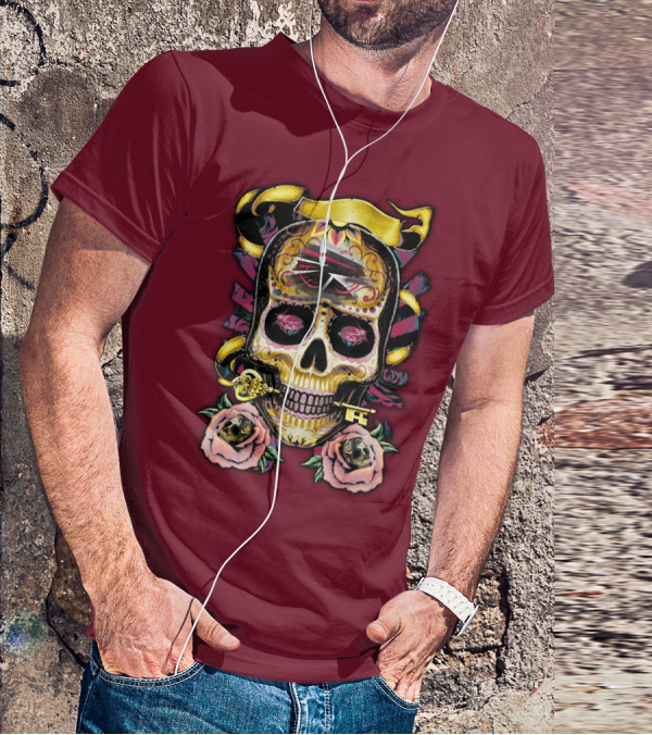 Atlanta Falcons Skull With Roses And Key T-Shirt