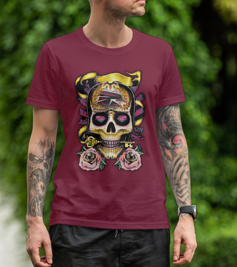 Atlanta Falcons Skull With Roses And Key T-Shirt
