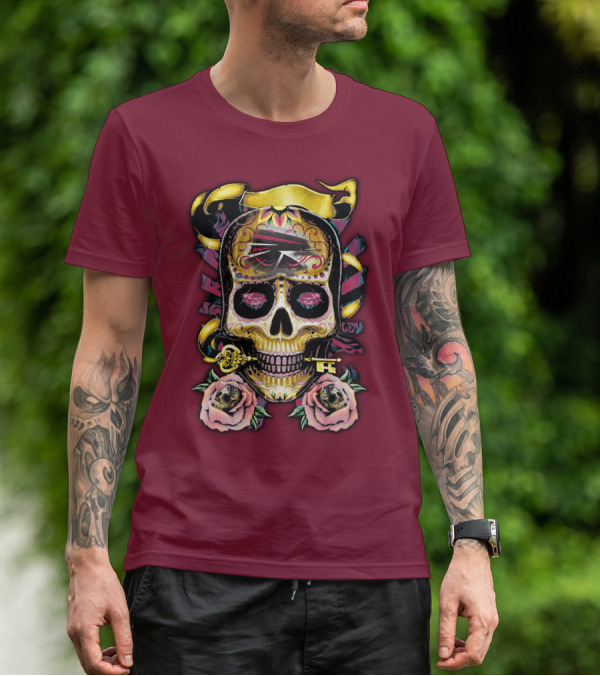 Atlanta Falcons Skull With Roses And Key T-Shirt