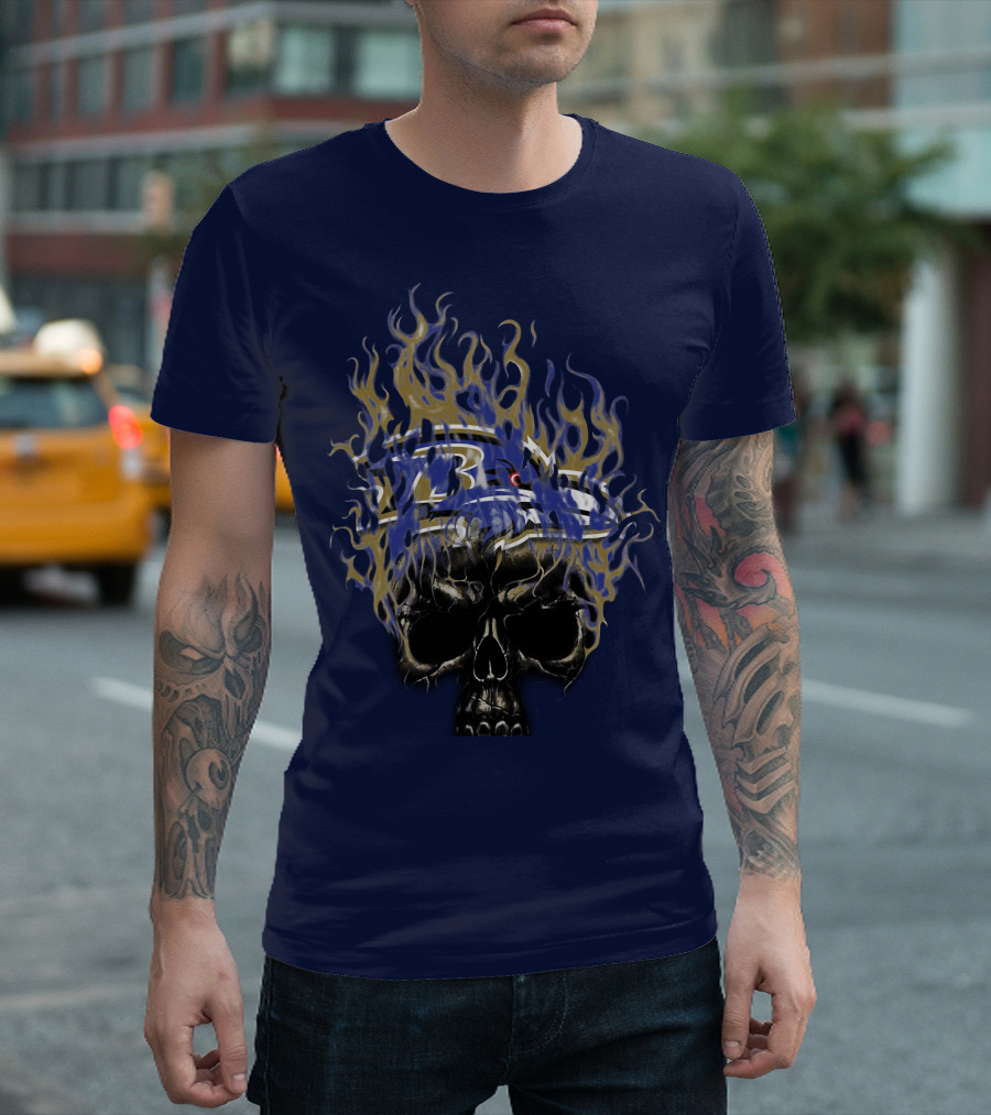 Baltimore Ravens Flaming Skull Logo T-Shirt